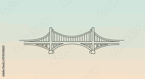 Detailed Line Art Illustration of a Suspension Bridge.