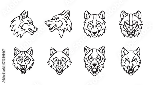 Collection of stylized wolf heads depicting various expressions and angles line art vector