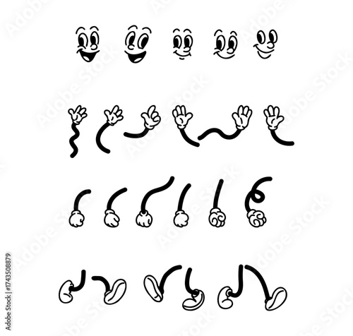 Cartoon character elements. Doodle vintage mascot hands, legs and faces. Showing simple happy emotions and gestures. Cute clipart expression. Vector comic isolated illustration