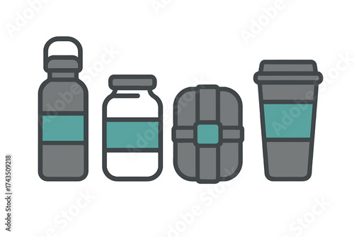 Set of reusable containers including bottle, jar, lunch box, and coffee cup