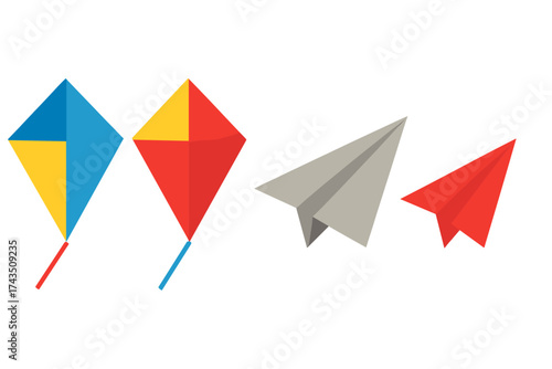 Set of colorful flying toys including geometric kites and classic paper airplanes