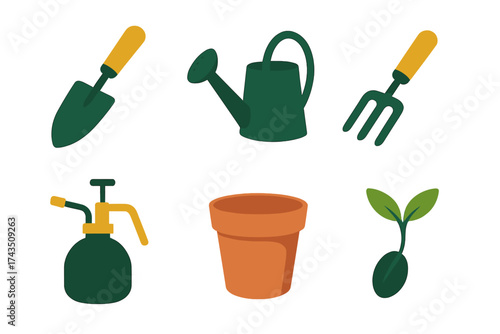 Set of essential tools for home gardening including a trowel, watering can, sprayer, pot, and seedling