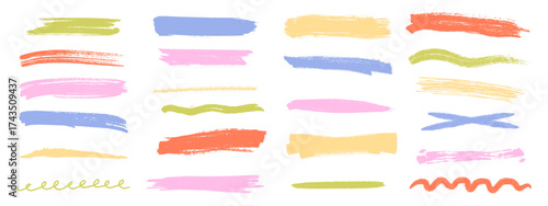 Colorful chalk underline and scribble strokes. Hand drawn crayon lines and marker highlights. Vector illustration.