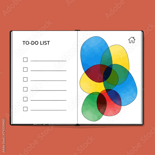 An open notebook displays a to-do list on the left page and colorful abstract shapes on the right.