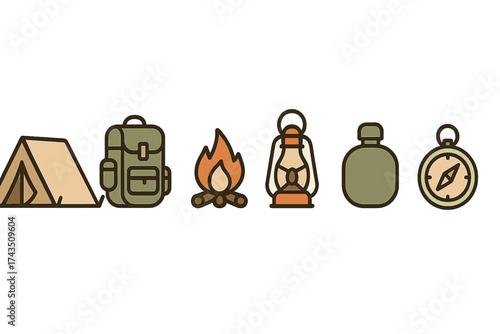 Essential outdoor equipment set featuring tent backpack campfire lantern canteen and compass