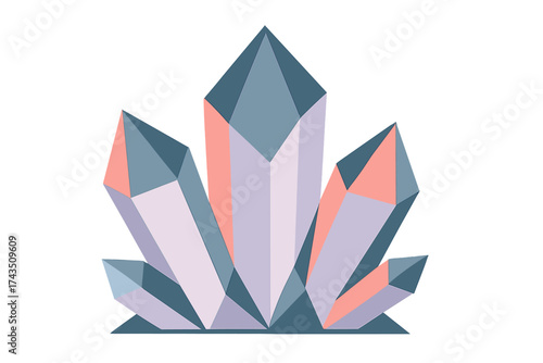 Stylized geometric cluster of faceted crystals in pastel lavender, coral, and teal colors