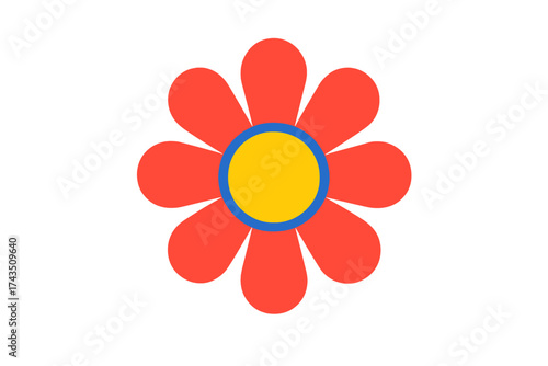Stylized red flower with yellow center and blue ring isolated on white