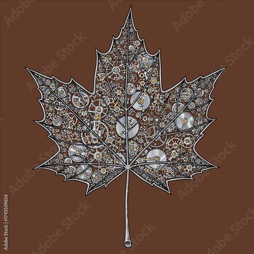 Detailed illustration of a maple leaf filled with an elaborate mechanism of silver and gold gears, cogs, and wheels in a steampunk style
