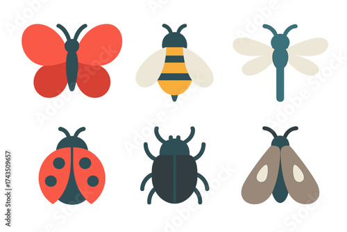 Stylized colorful collection of six flying and crawling insects including butterfly bee and ladybug