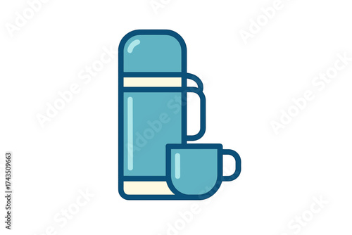 Insulated thermos bottle and small drinking cup for outdoor activities