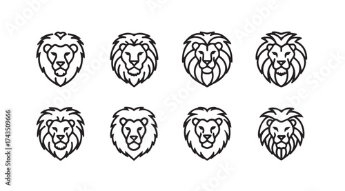 Set of eight stylized lion head logos featuring majestic manes geometric design and bold outline vector