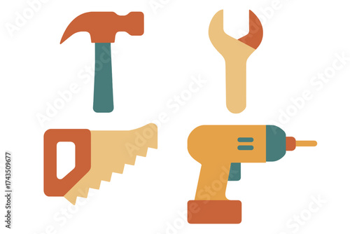 Set of essential construction and repair tools including hammer, wrench, hand saw, and power drill