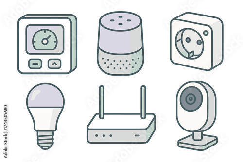 Collection of smart home technology devices including security camera and thermostat