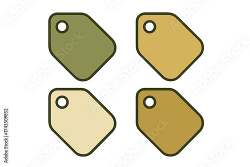 Four blank price tags or labels in earthy tones with dark outline and rounded corners