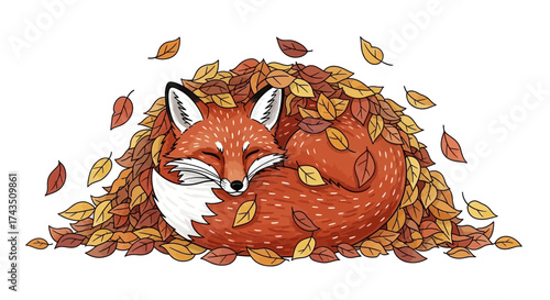 Resting Fox Surrounded by Autumn Leaves Illustration.