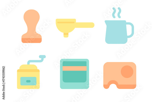 Flat design icons set showing essential tools for coffee preparation