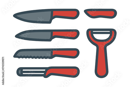 Collection of essential kitchen cutlery tools including knives and vegetable peeler