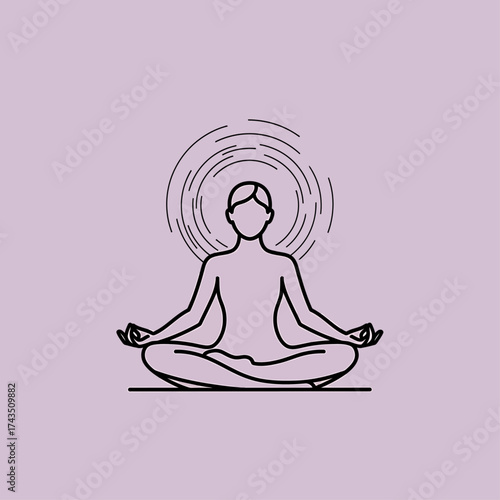 Line art illustration of a person meditating in lotus position with radiating circles behind them, on a light purple background.