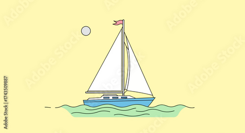 Sailboat on Water with Moon Illustration - Nautical Adventure and Serene Voyage.