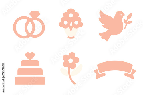 Minimalist wedding and romance symbols including rings, cake, dove, and bouquet