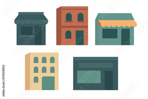 Group of five colorful flat design city buildings and commercial shop facades