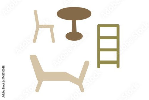 Minimalist modern furniture silhouettes featuring a chair, table, lounge, and shelving unit