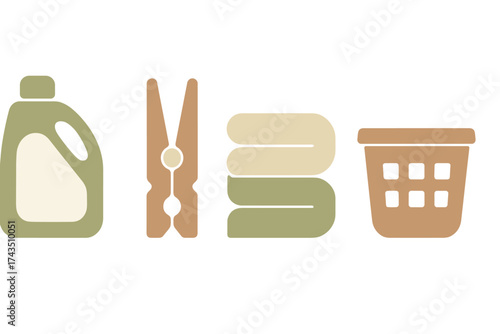 Minimalist laundry care items: detergent bottle, wooden clothespin, folded towels, and basket