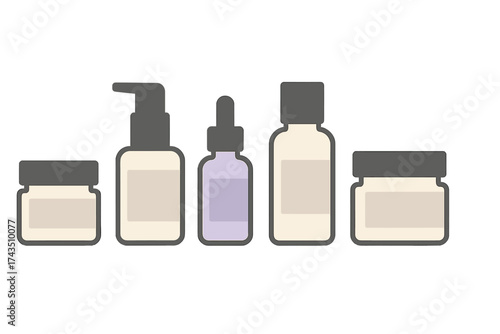 Minimalist set of blank cosmetic packaging containers jars pump and dropper bottles