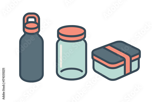 Reusable water bottle, glass jar, and lunch box promoting sustainable living and zero waste