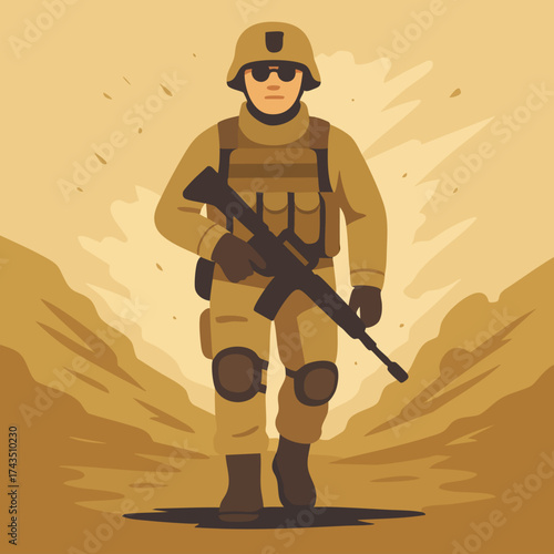 Modern Army Soldier in Desert – Flat Vector Military Illustration