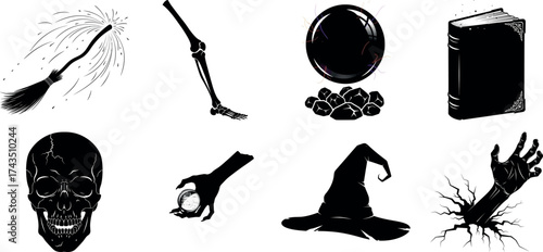 Vector art of assortment of dark halloween symbols including skull, broom, hat, and book