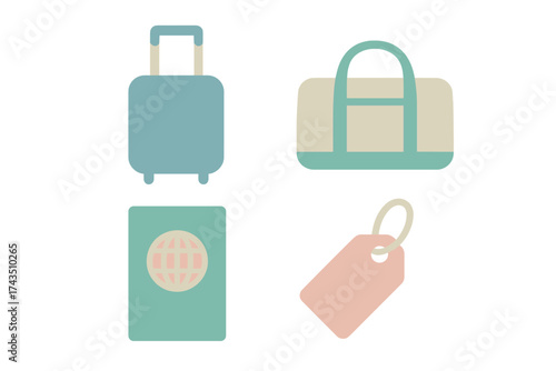 Set of essential travel accessories including rolling suitcase duffel bag passport and luggage tag