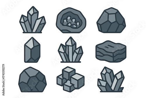 Stylized collection of natural crystals, minerals, and geological rocks