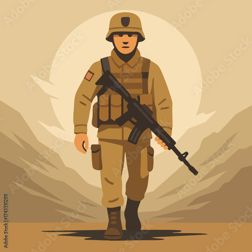 Modern Male Soldier with Rifle in Mountain Landscape – Strength, Duty, and Patriotism Concept – Flat Vector Illustration in Earth Tones