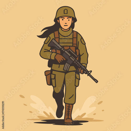 Female Soldier Running with Rifle – Empowerment, Leadership, and Courage Concept – Flat Vector Illustration in Army Green Uniform