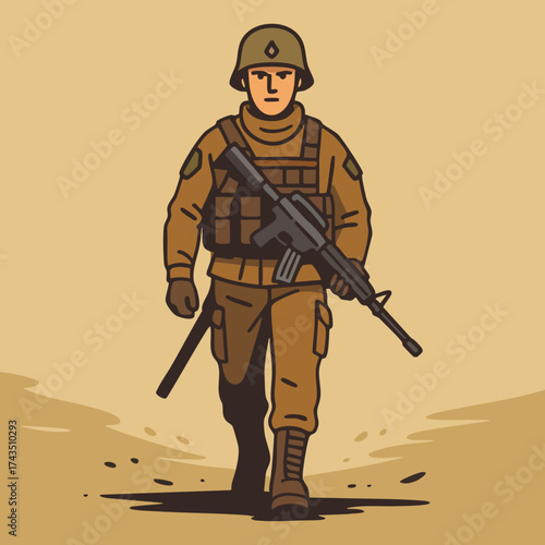 Modern Male Soldier with Rifle – Duty, Discipline, and Heroism Concept – Flat Vector Illustration in Brown Military Uniform