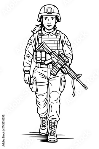 Female Soldier Carrying Rifle – Strength, Equality, and Empowerment Concept – Black and White Line Art Vector Illustration