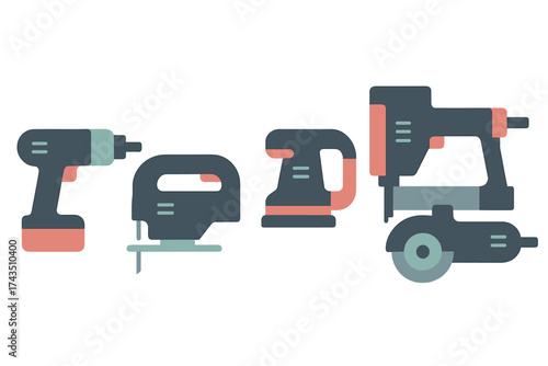 Essential power tools collection featuring drill, jigsaw, sander, and grinder for construction projects