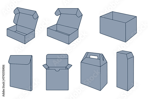 Set of blank packaging boxes and containers for product branding and mockup design