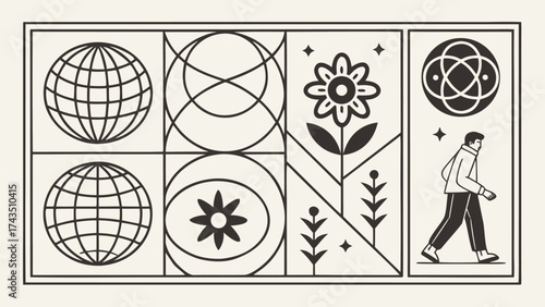 Minimalist retro futuristic poster design with bold geometric shapes and vibrant color accents