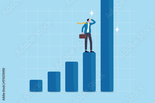 Business growth graph and chart, investment profit increase, return or earning rising up, upward trend or boost business growth, businessman look at bar chart with rising up improvement diagram.