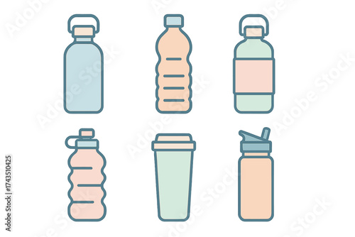 Set of various reusable drink containers including water bottles, shakers, and travel mugs