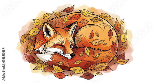 Watercolor Fox Curled Up Asleep in Autumn Leaves Illustration.