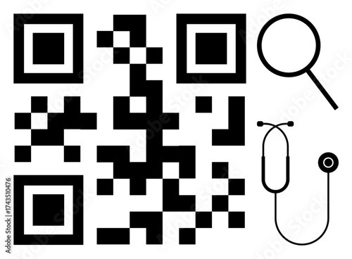 QR code paired with magnifying glass and stethoscope combining technology, healthcare, innovation, research. Ideal for health tech, telemedicine, diagnostics, analysis, accessibility flat minimal