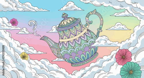 Whimsical Teapot Floating Among Clouds in a Dreamlike Sky.