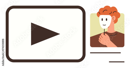 Play button representing online media paired with person holding mask, highlighting virtual identity. Ideal for privacy, anonymity, online interaction, digital life, content creation