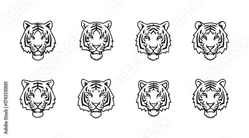 Collection of stylized tiger head line drawings featuring distinct striping patterns and fierce expressions vector