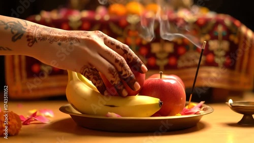 Karaka Chaturthi : A Woman's Henna-Adorned Hands Gently Prepare Sacred Fruit Offerings for a Hindu Puja Ritual