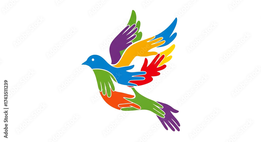 Obraz premium Colorful handprint dove symbol of unity and peace flying freely