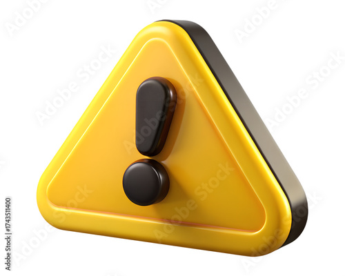 High Resolution 3D Alert Icon Yellow Triangle with Black Exclamation Mark on Transparent Background